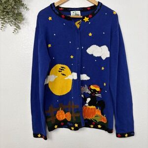 The Quaker Factory Women's Halloween Cat Pumpkin Moon Cardigan Sweater L